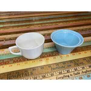 2 Small Dish Bowl Coffee Mug Cups White Teal Green USA MCM 50s Restaurant